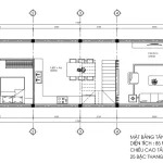 Bản vẽ kỹ thuật mặt bằng tầng 1 mẫu thiết kế nhà phố 3 tầng diện tích 85m2 gồm phòng khách liên thông bếp.