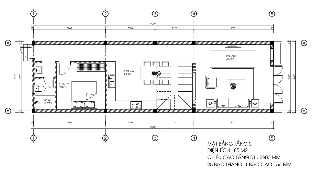 Bản vẽ kỹ thuật mặt bằng tầng 1 mẫu thiết kế nhà phố 3 tầng diện tích 85m2 gồm phòng khách liên thông bếp.
