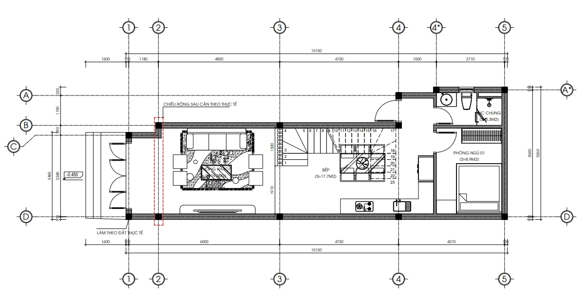 Bản vẽ bố trí công năng tầng 1 mẫu thiết kế nhà phố 3 tầng hiện đại gồm phòng khách, bếp, và 1 ngủ.