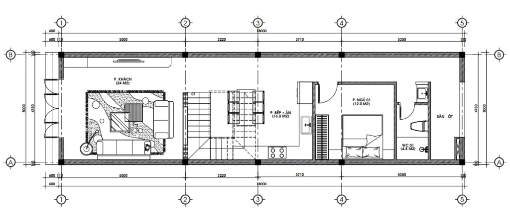 Bản vẽ bố trí mặt bằng công năng tầng 1 mẫu nhà phố 5x18m gồm phòng khách và bếp ăn liên thông.