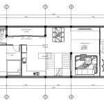 Bản vẽ bố trí công năng tầng 1 mẫu nhà phố 2 tầng 1 tum hiện đại diện tích 104m2 gồm phòng khách liên thông bếp ăn.