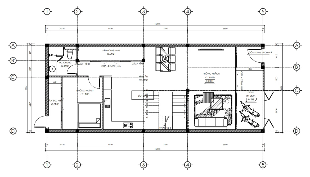 Bản vẽ bố trí công năng tầng 1 mẫu nhà phố 2 tầng 1 tum hiện đại diện tích 104m2 gồm phòng khách liên thông bếp ăn.