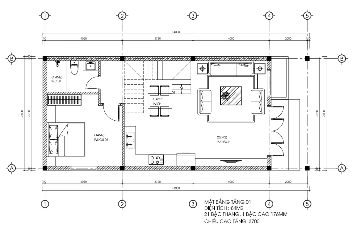 Bản vẽ mặt bằng tầng 1 mẫu nhà phố 2 tầng 1 tum hiện đại diện tích 84m2.