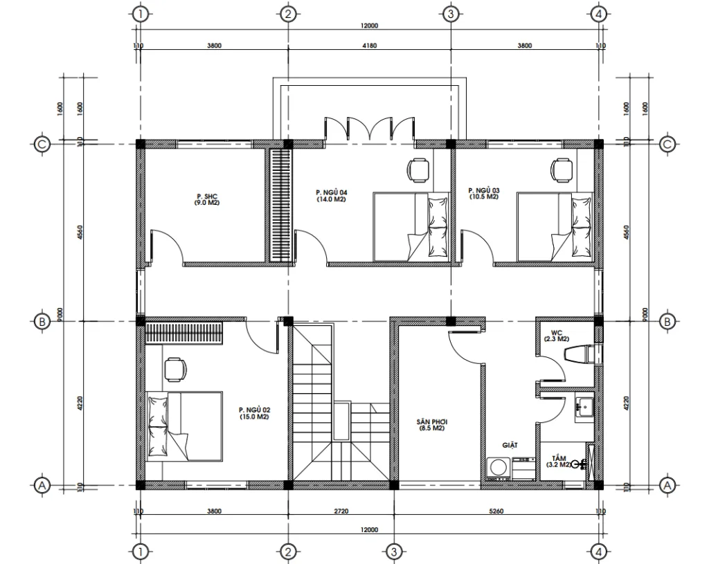 Mặt bằng công năng tầng 2 mẫu nhà mái Nhật 2 tầng bố trí 3 phòng ngủ và sân phơi thoáng đãng.