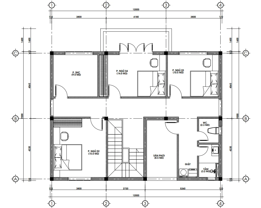Mặt bằng công năng tầng 2 mẫu nhà mái Nhật 2 tầng bố trí 3 phòng ngủ và sân phơi thoáng đãng.