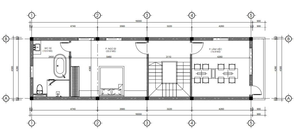Chi tiết mặt bằng tầng 2 với phòng ngủ Master và phòng làm việc rộng rãi trong mẫu nhà anh Thắng.