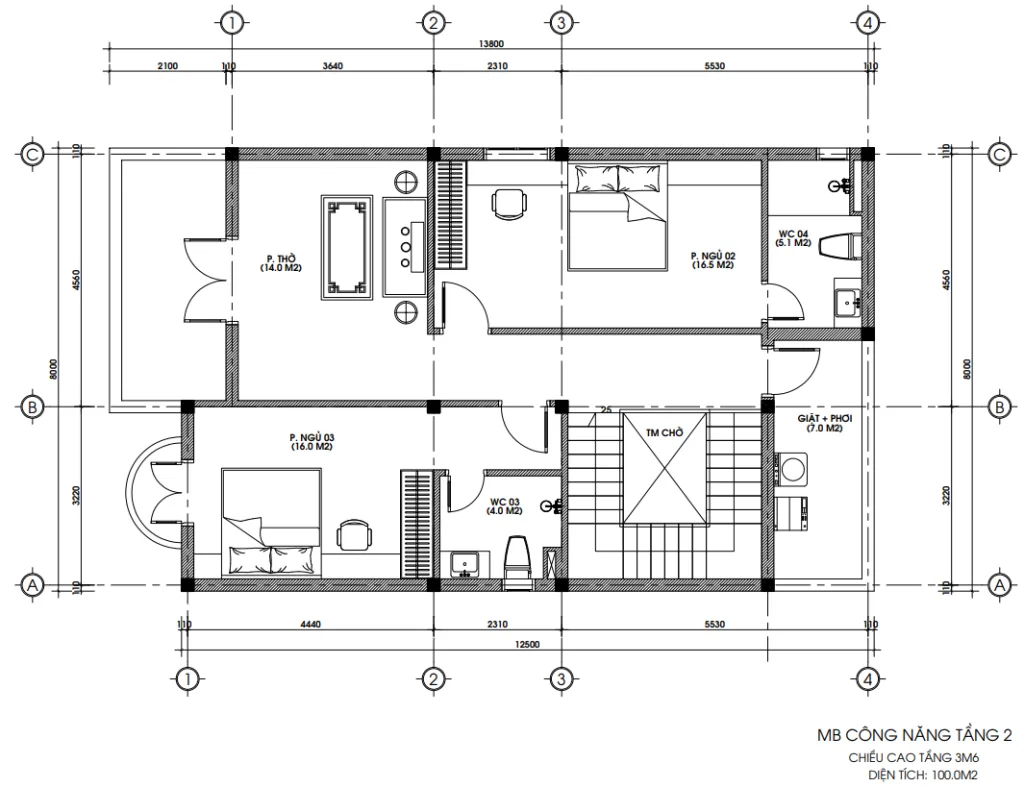 Bản vẽ bố trí công năng tầng 2 biệt thự mái Mansard tân cổ điển diện tích 100m2.