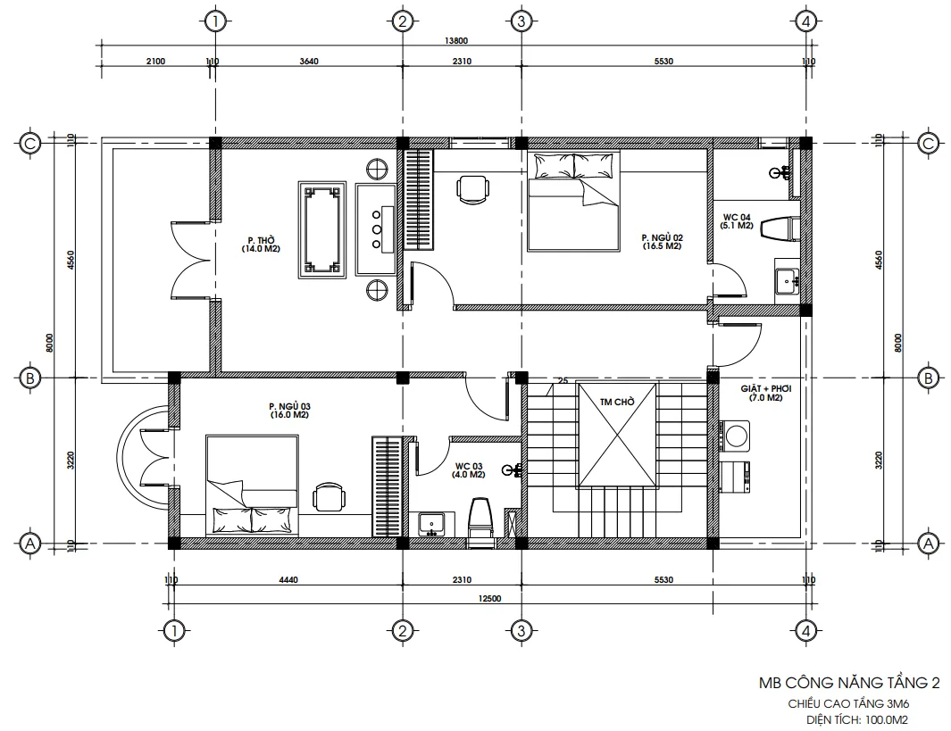 Bản vẽ bố trí công năng tầng 2 biệt thự mái Mansard tân cổ điển diện tích 100m2.