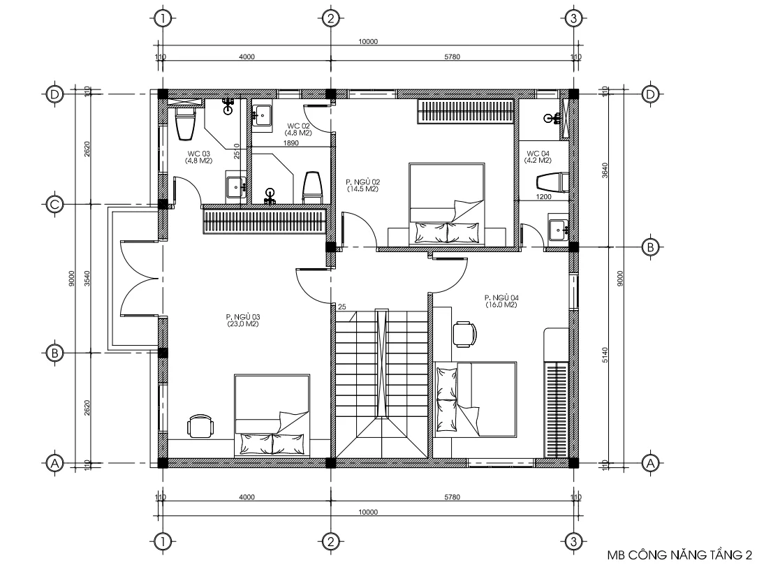 Bản vẽ bố trí công năng tầng 2 biệt thự Tân cổ điển mái Mansard diện tích 95m2.