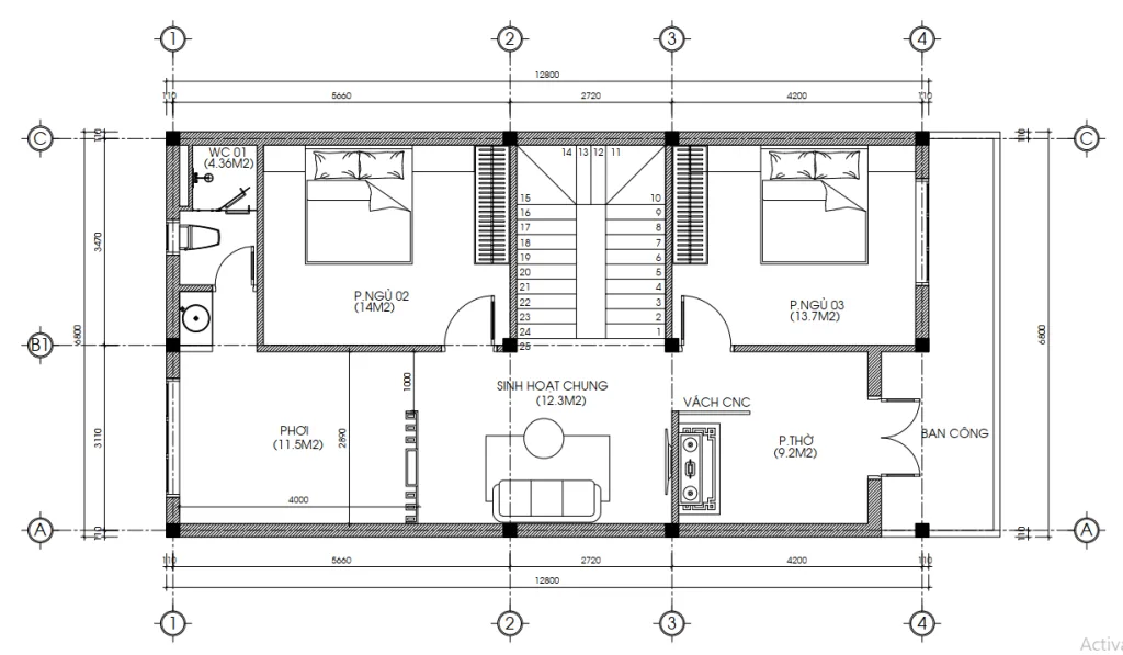 Thiết kế mặt bằng tầng 2 mẫu nhà 2 tầng đẹp với 2 phòng ngủ và phòng thờ trang nghiêm.