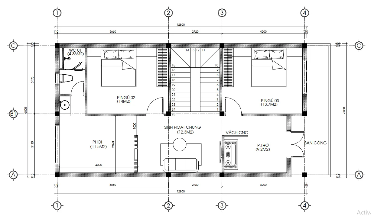 Thiết kế mặt bằng tầng 2 mẫu nhà 2 tầng đẹp với 2 phòng ngủ và phòng thờ trang nghiêm.
