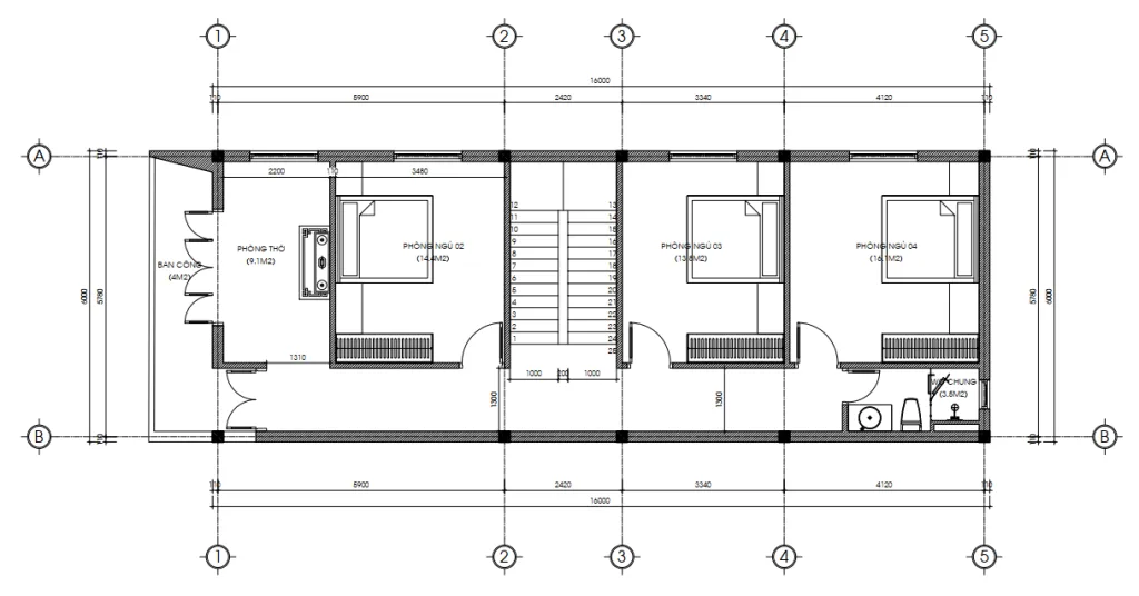 Bản vẽ bố trí công năng tầng 2 mẫu nhà 2 tầng mái Nhật hiện đại diện tích 104m2 gồm phòng thờ, 3 ngủ, 1 WC chung.