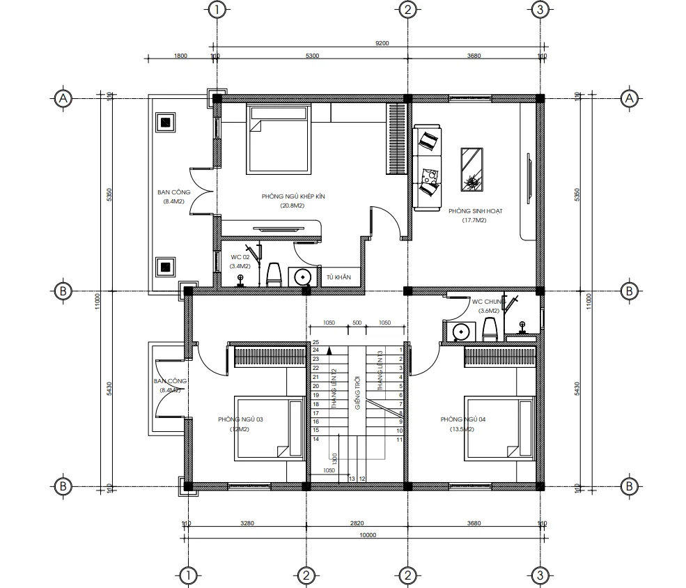 Bản vẽ bố trí công năng tầng 2 mẫu nhà 2 tầng 1 tum mái Nhật diện tích 115m2