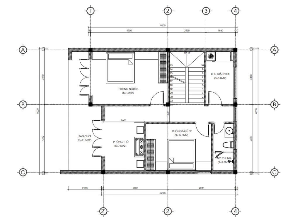 Mặt bằng tầng 2 mẫu nhà 2 tầng đẹp bố trí phòng thờ và sân chơi thoáng mát.