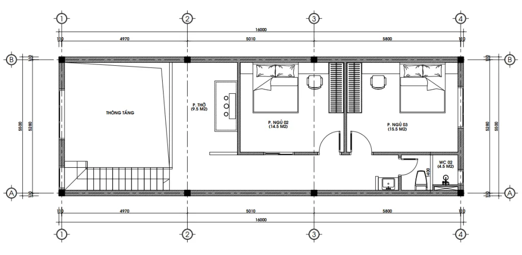 Bản vẽ mặt bằng tầng 2 mẫu nhà 2 tầng đẹp bố trí 2 phòng ngủ và phòng thờ hướng ban công.