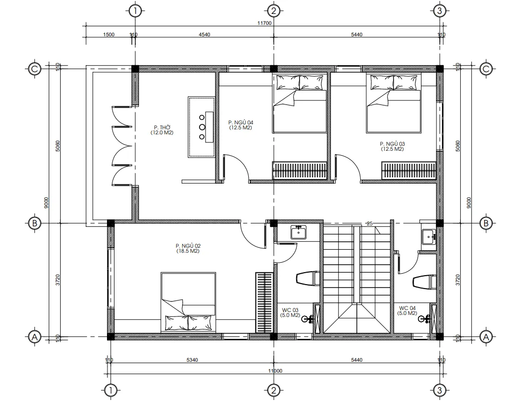 Bản vẽ bố trí công năng tầng 2 mẫu nhà 2 tầng mái Nhật diện tích 100m2 khoa học.