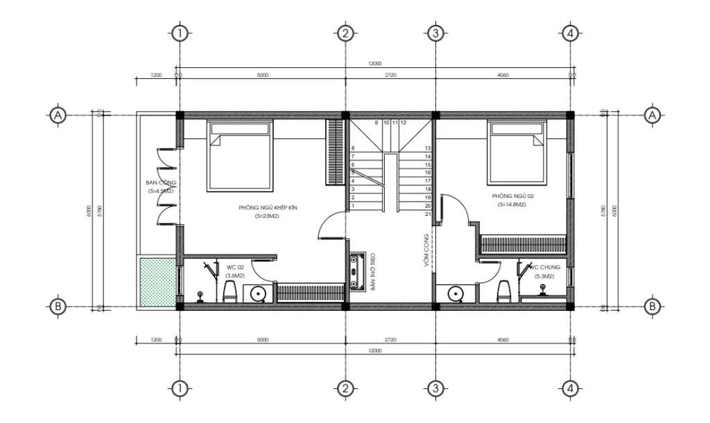 Bản vẽ bố trí công năng tầng 2 mẫu nhà 2 tầng đẹp diện tích 80m2 với 2 phòng ngủ