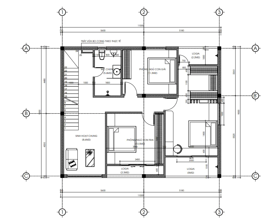 Bản vẽ bố trí công năng tầng 2 mẫu thiết kế nhà 3 tầng hiện đại diện tích 99m2.