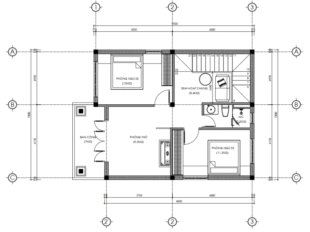 Chi tiết mặt bằng tầng 2 nhà 2 tầng mái Nhật bố trí phòng thờ và 2 phòng ngủ rộng rãi.