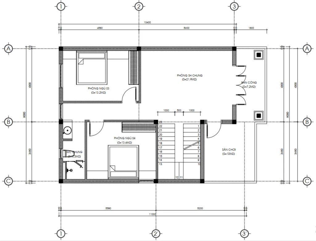 Mặt bằng tầng 2 mẫu nhà 2 tầng mái Nhật 86m2 bố trí phòng sinh hoạt chung và sân chơi thoáng mát.
