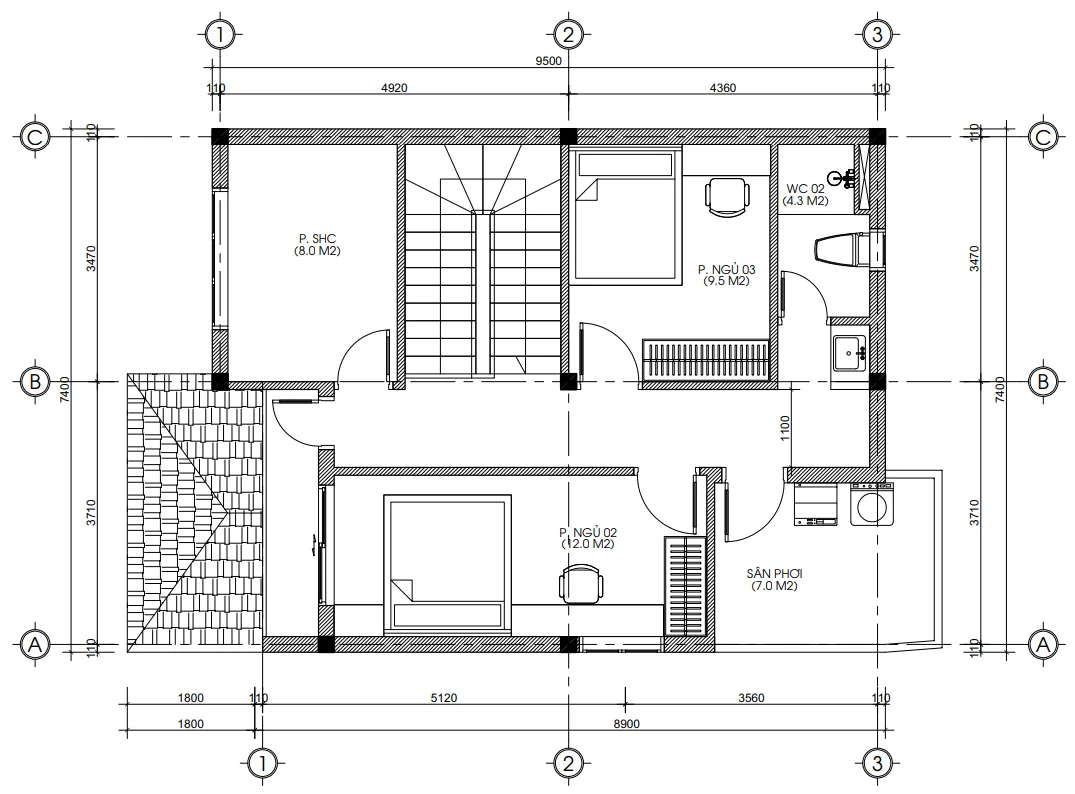 mặt bằng tầng 2 mẫu nhà 2 tầng mái Thái