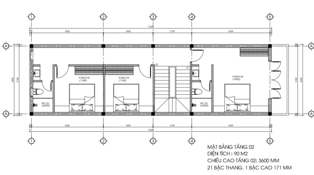 Chi tiết bản vẽ mặt bằng tầng 2 mẫu thiết kế nhà phố 3 tầng với 3 phòng ngủ tiện nghi.