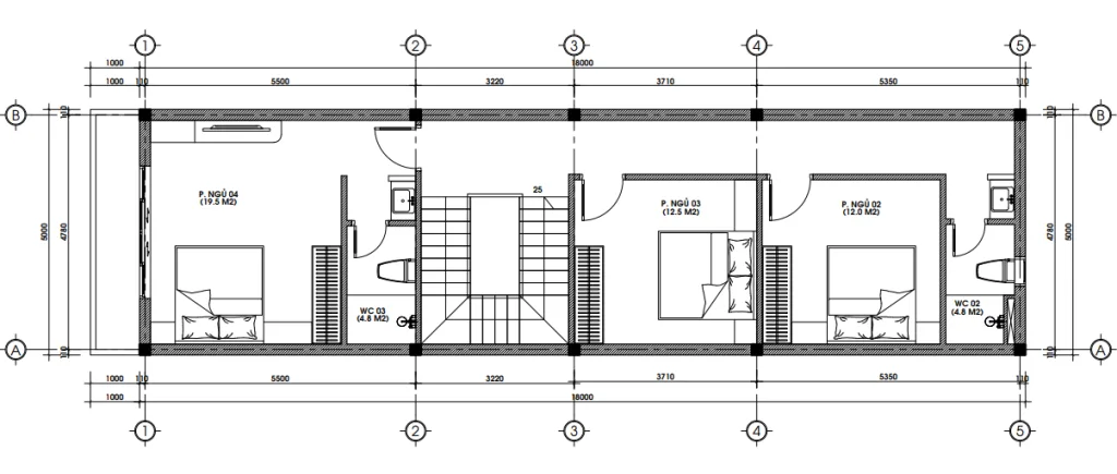Bản vẽ bố trí mặt bằng công năng tầng 1 mẫu nhà phố 5x18m gồm 3 phòng ngủ