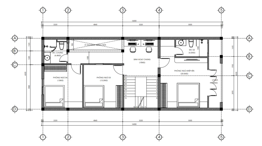 Bản vẽ bố trí công năng tầng 2 mẫu nhà phố 2 tầng 1 tum hiện đại diện tích 104m2 gồm 3 phòng ngủ.