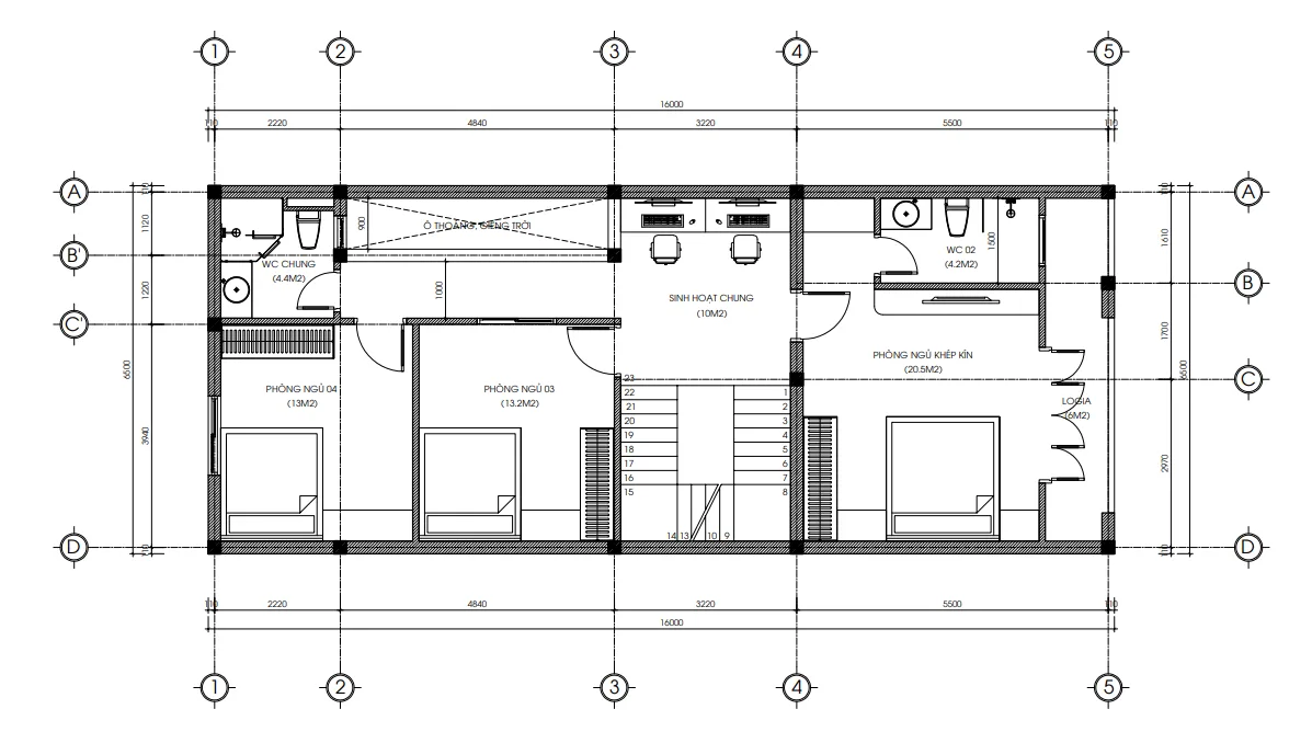 Bản vẽ bố trí công năng tầng 2 mẫu nhà phố 2 tầng 1 tum hiện đại diện tích 104m2 gồm 3 phòng ngủ.