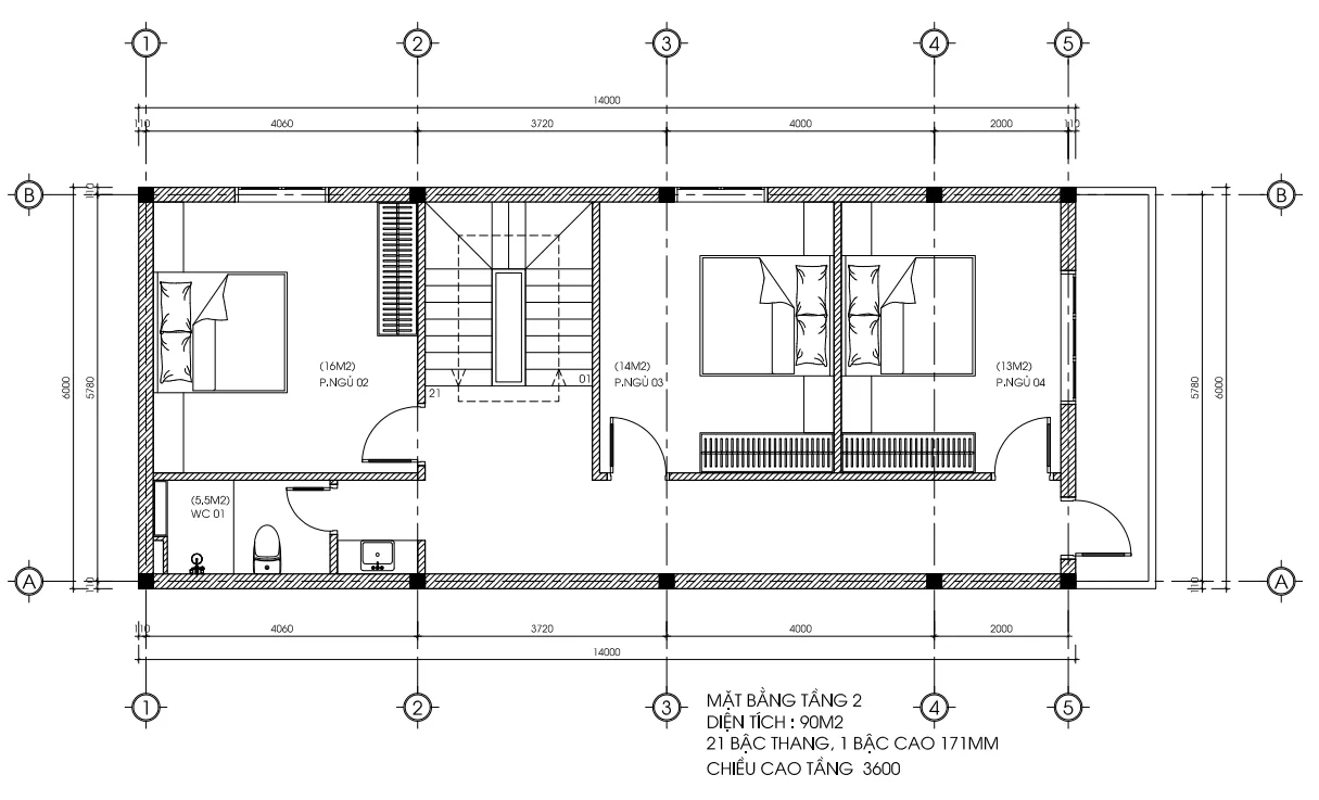 Bản vẽ mặt bằng tầng 2 mẫu nhà phố 2 tầng 1 tum hiện đại diện tích 90m2.