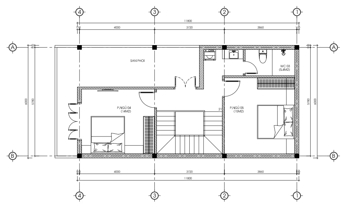 Bản vẽ bố trí công năng tầng 3 mẫu nhà 3 tầng đẹp diện tích 55m2 gồm 2 ngủ, 1 WC chung và sân phơi