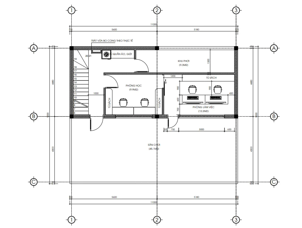 Bản vẽ bố trí công năng tầng 3 mẫu thiết kế nhà 3 tầng hiện đại diện tích 52m2.