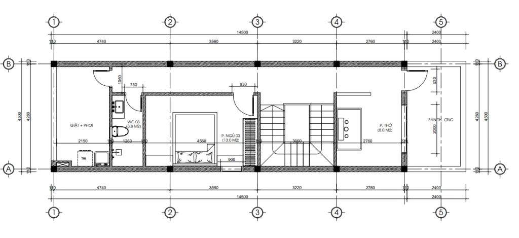 mặt bằng tầng 3 thiết kế nhà ống 3 tầng