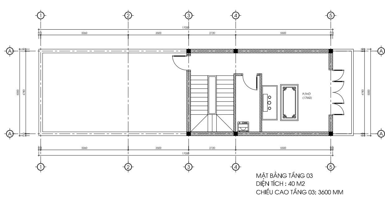 Bản vẽ kỹ thuật mặt bằng tầng 3 mẫu thiết kế nhà phố 3 tầng diện tích 40m2 gồm phòng thờ