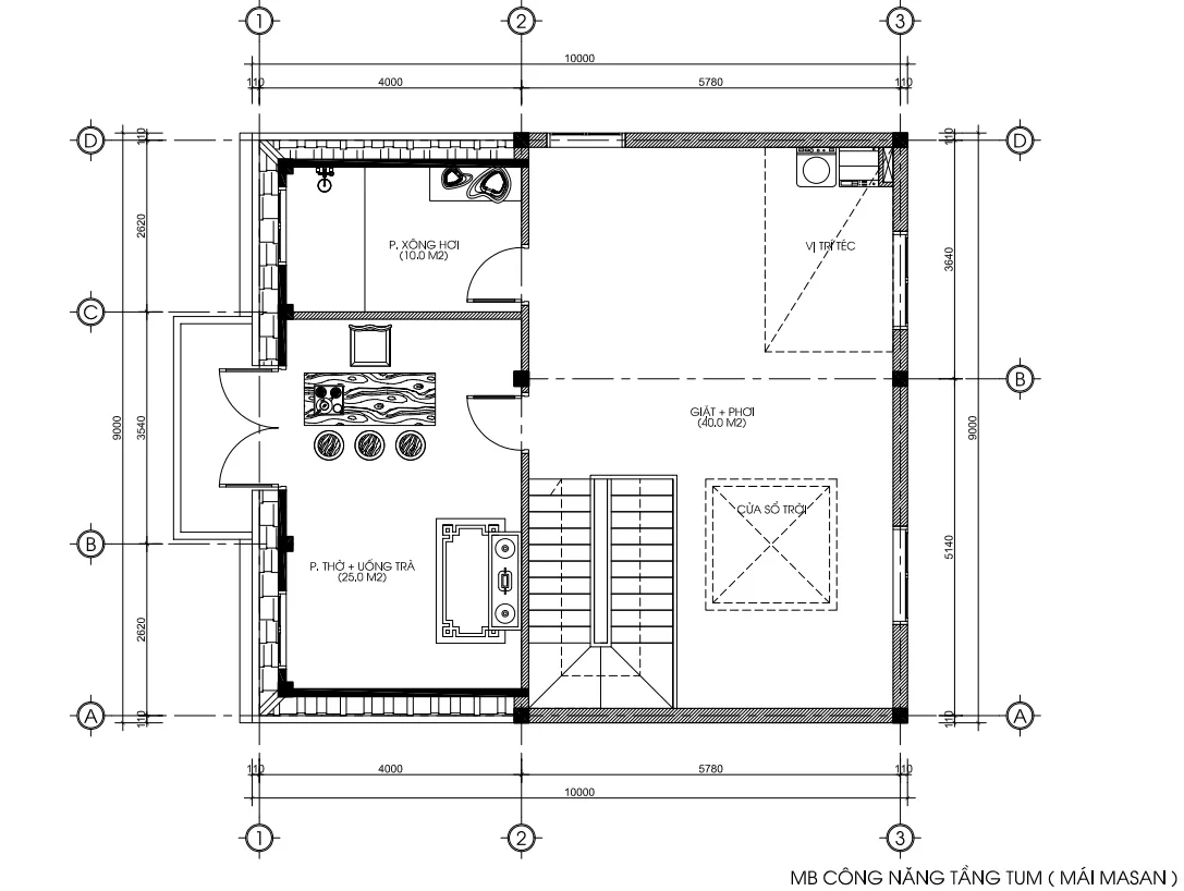 Bản vẽ bố trí công năng tầng tum biệt thự Tân cổ điển mái Mansard diện tích 95m2.