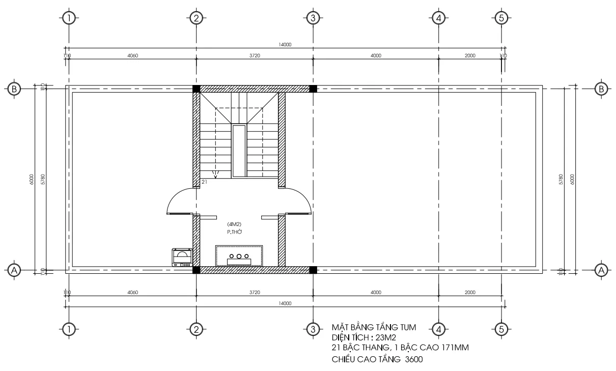 Bản vẽ mặt bằng tầng tum mẫu nhà phố 2 tầng 1 tum hiện đại diện tích 23m2.