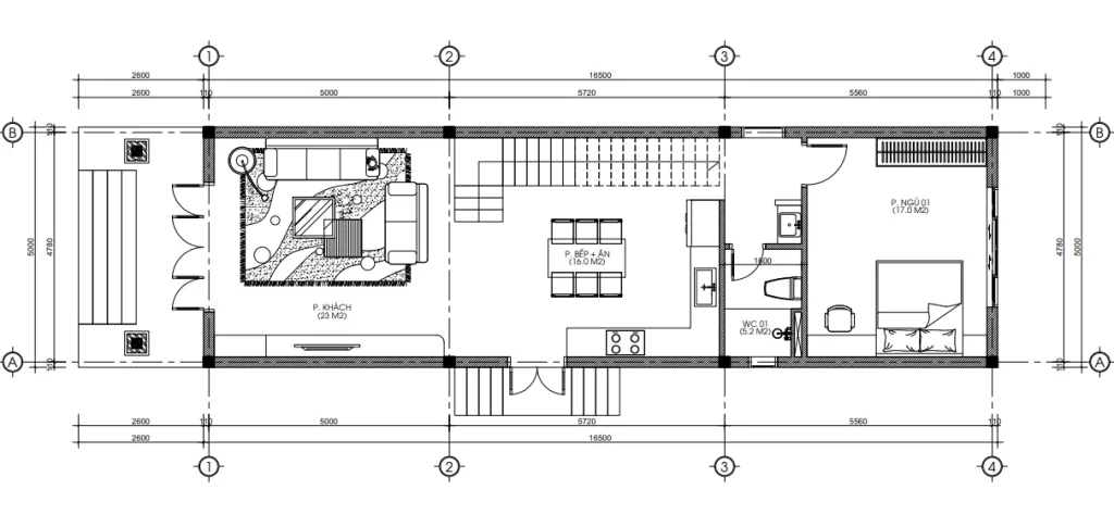 Bản vẽ mặt bằng công năng tầng 1 mẫu nhà 2 tầng mái Nhật tân cổ điển có phòng ngủ ông bà.