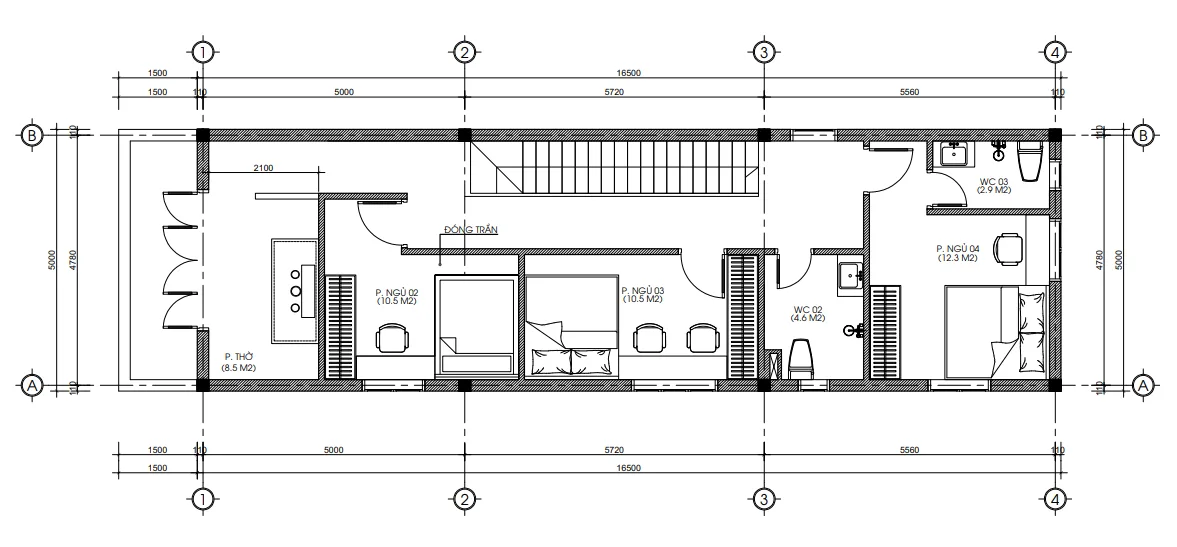 Bố trí mặt bằng tầng 2 mẫu nhà 2 tầng mái Nhật tân cổ điển với 3 phòng ngủ tiện nghi.