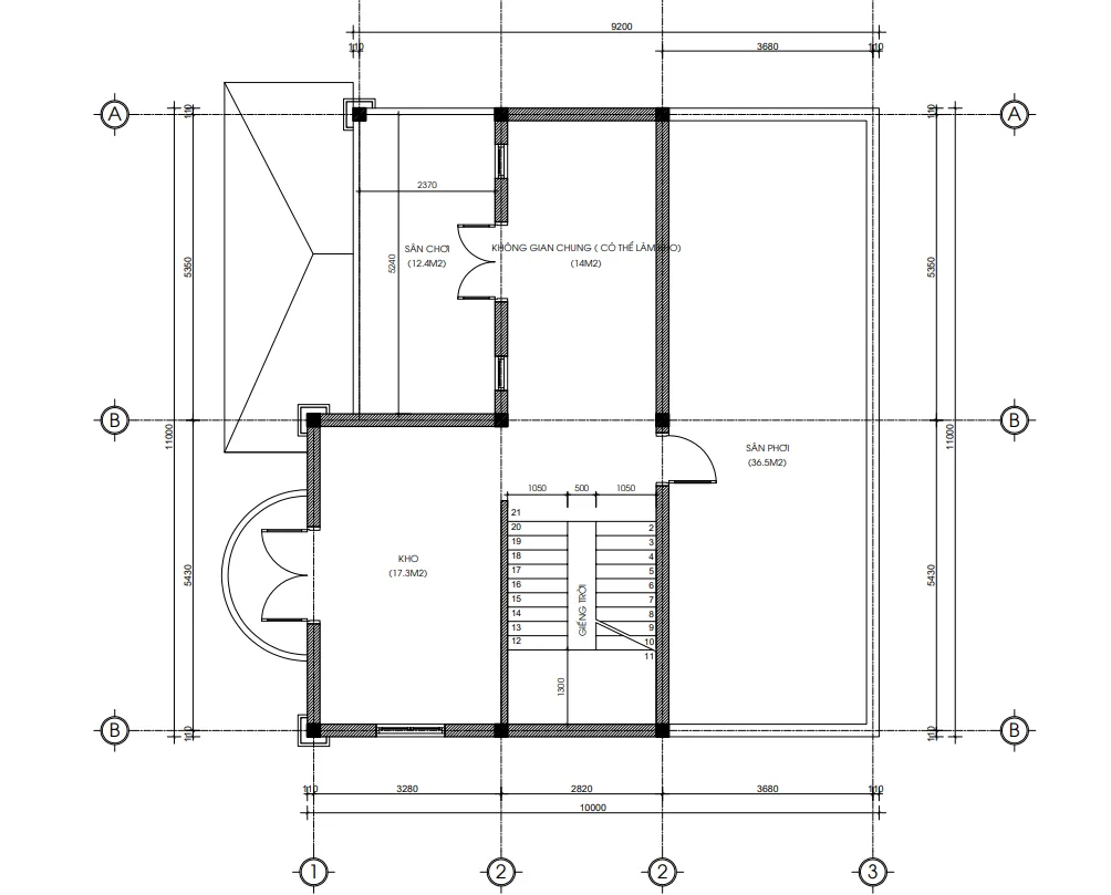 Chi tiết mặt bằng tầng tum mẫu nhà 2 tầng 1 tum mái Nhật bố trí kho và sân phơi thoáng mát.