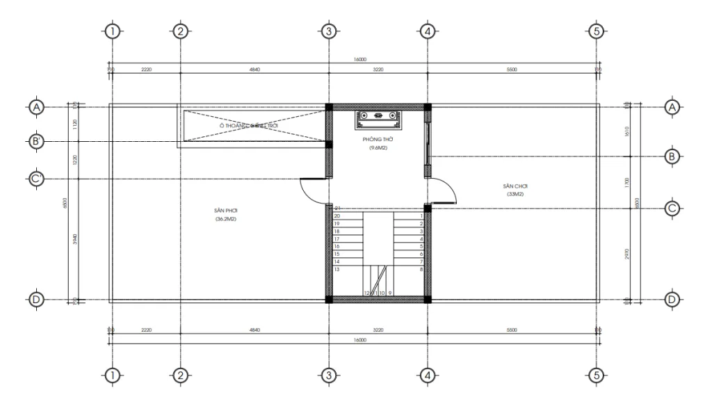 Bản vẽ mặt bằng tầng tum mẫu nhà phố 2 tầng 1 tum hiện đại bố trí phòng thờ và sân chơi thoáng mát.
