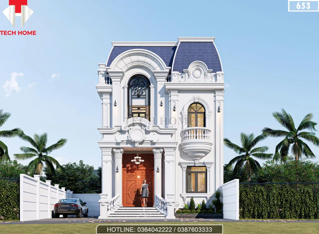 Phối cảnh mặt tiền biệt thự mái Mansard tân cổ điển sang trọng của cô Oanh tại Việt Trì.