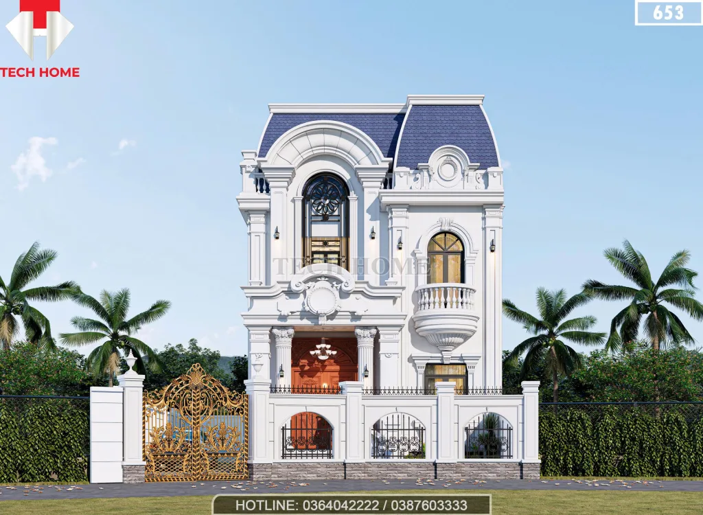 Tổng thể kiến trúc biệt thự mái Mansard tân cổ điển 2 tầng lợp ngói màu xanh ghi bề thế.