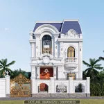 Tổng thể kiến trúc biệt thự mái Mansard tân cổ điển 2 tầng lợp ngói màu xanh ghi bề thế.