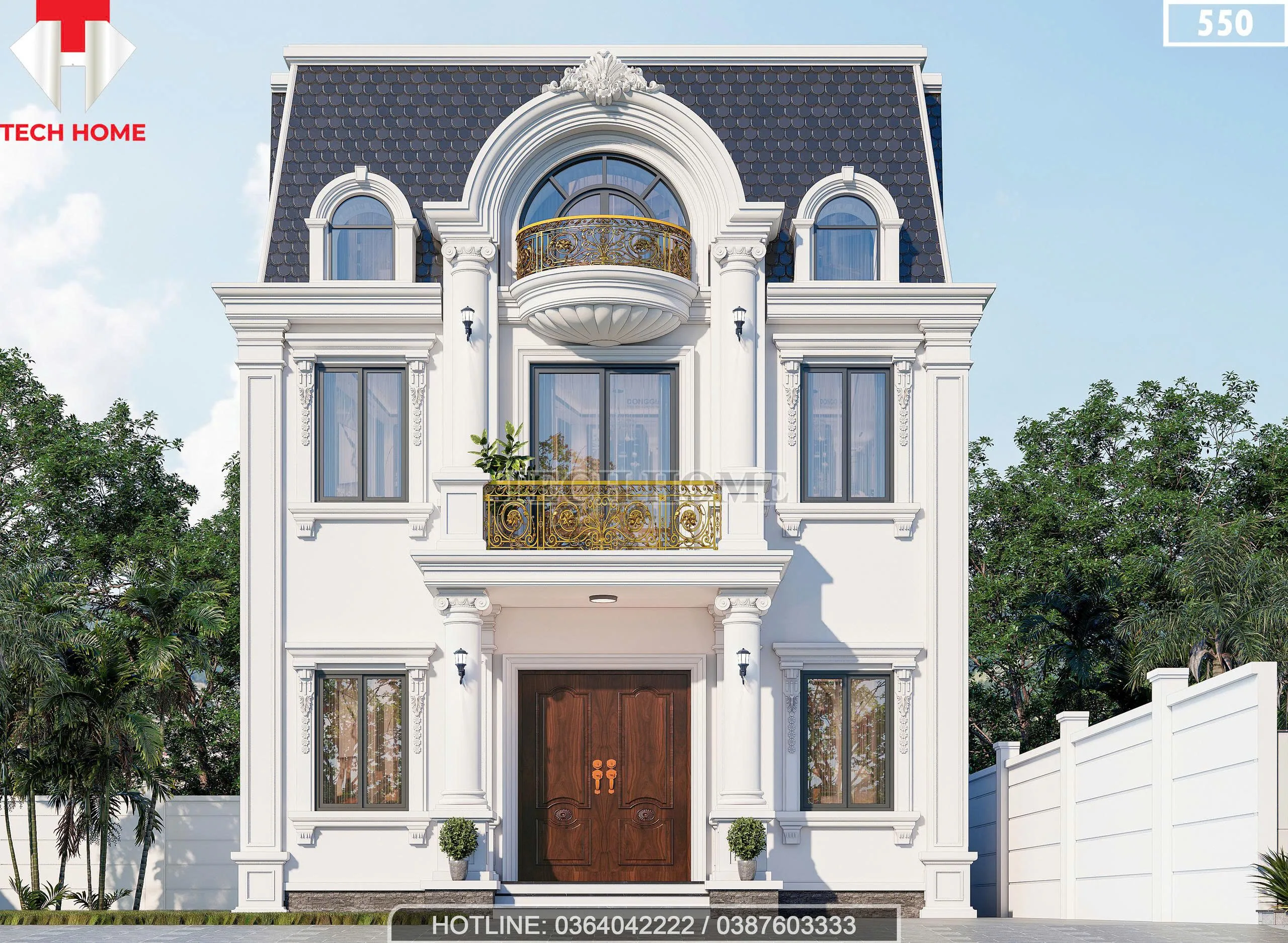 Phối cảnh mặt tiền chính diện mẫu biệt thự Tân cổ điển mái Mansard sang trọng tại Phú Thọ.