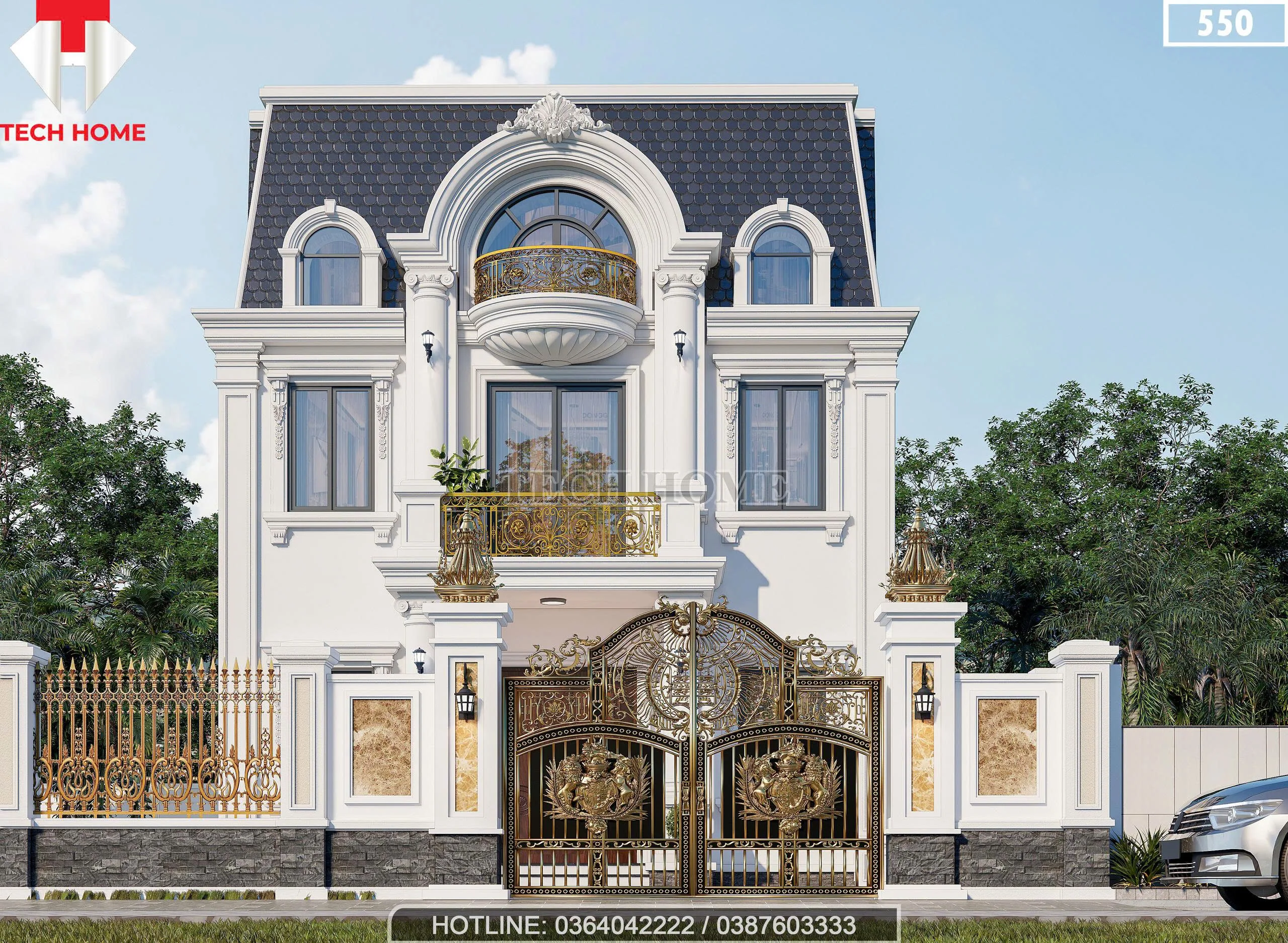 Tổng thể mẫu biệt thự Tân cổ điển mái Mansard với hệ mái xanh đen bề thế.