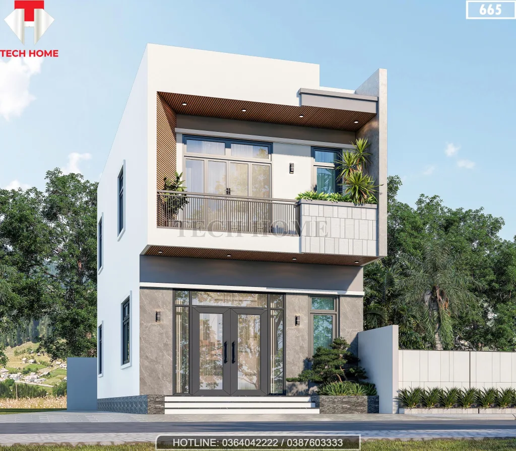 Chi tiết ban công mẫu nhà 2 tầng đẹp sử dụng lan can sắt tĩnh điện và trần ốp gỗ nhựa sang trọng.