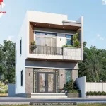 Chi tiết ban công mẫu nhà 2 tầng đẹp sử dụng lan can sắt tĩnh điện và trần ốp gỗ nhựa sang trọng.