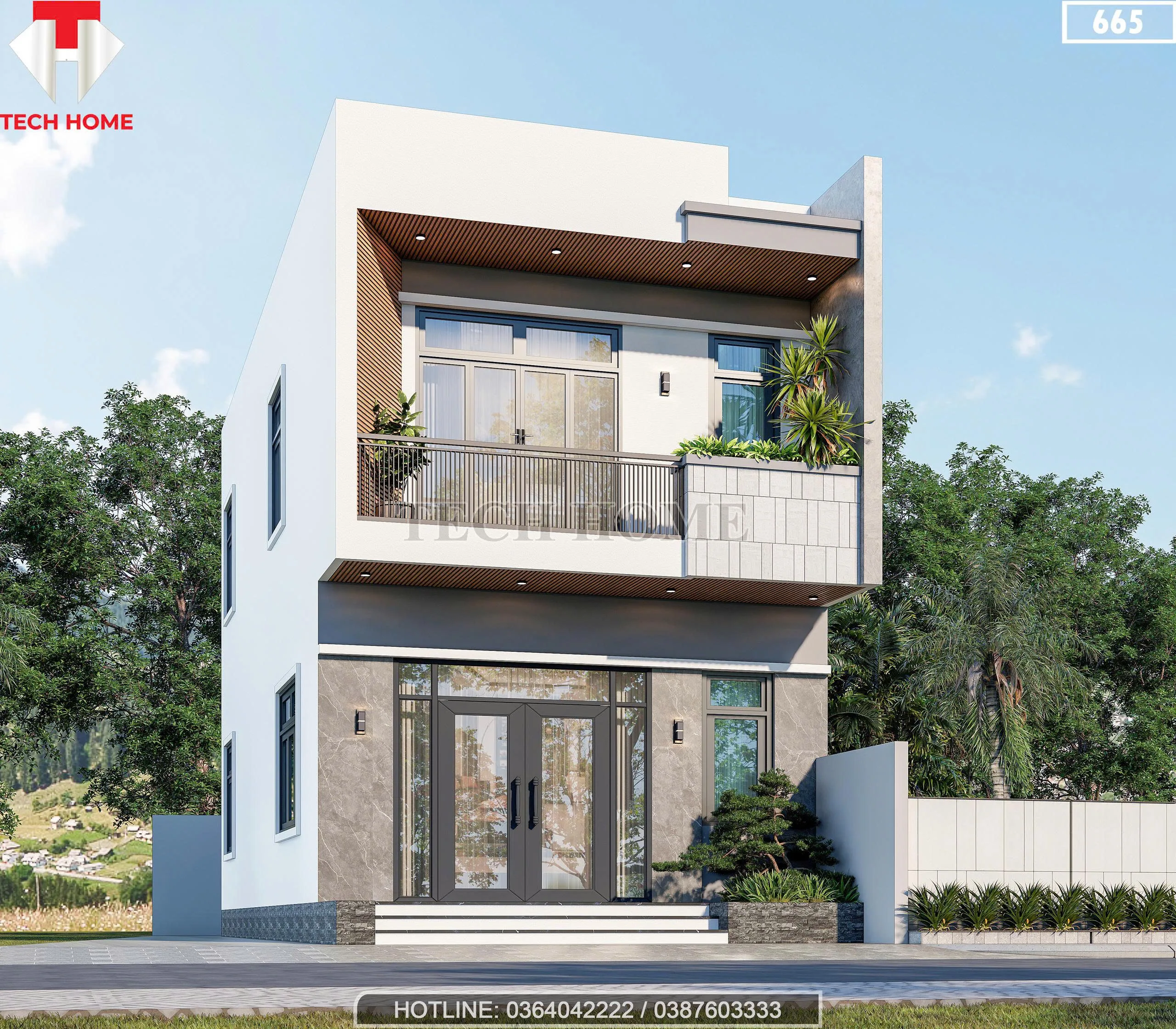 Chi tiết ban công mẫu nhà 2 tầng đẹp sử dụng lan can sắt tĩnh điện và trần ốp gỗ nhựa sang trọng.