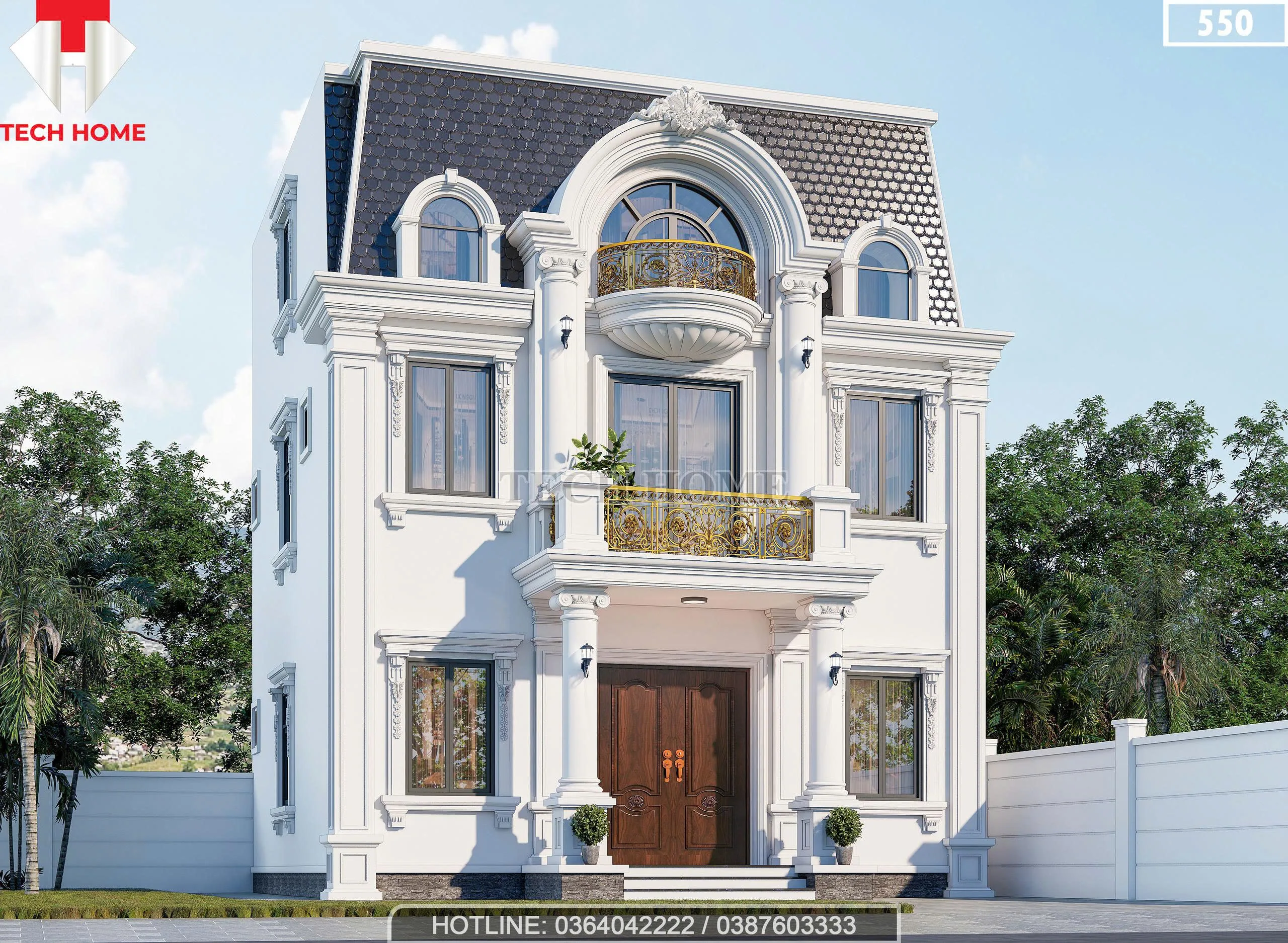 Góc nghiêng biệt thự Tân cổ điển mái Mansard với hệ cột trụ tròn uyển chuyển và các đường phào chỉ tinh tế.