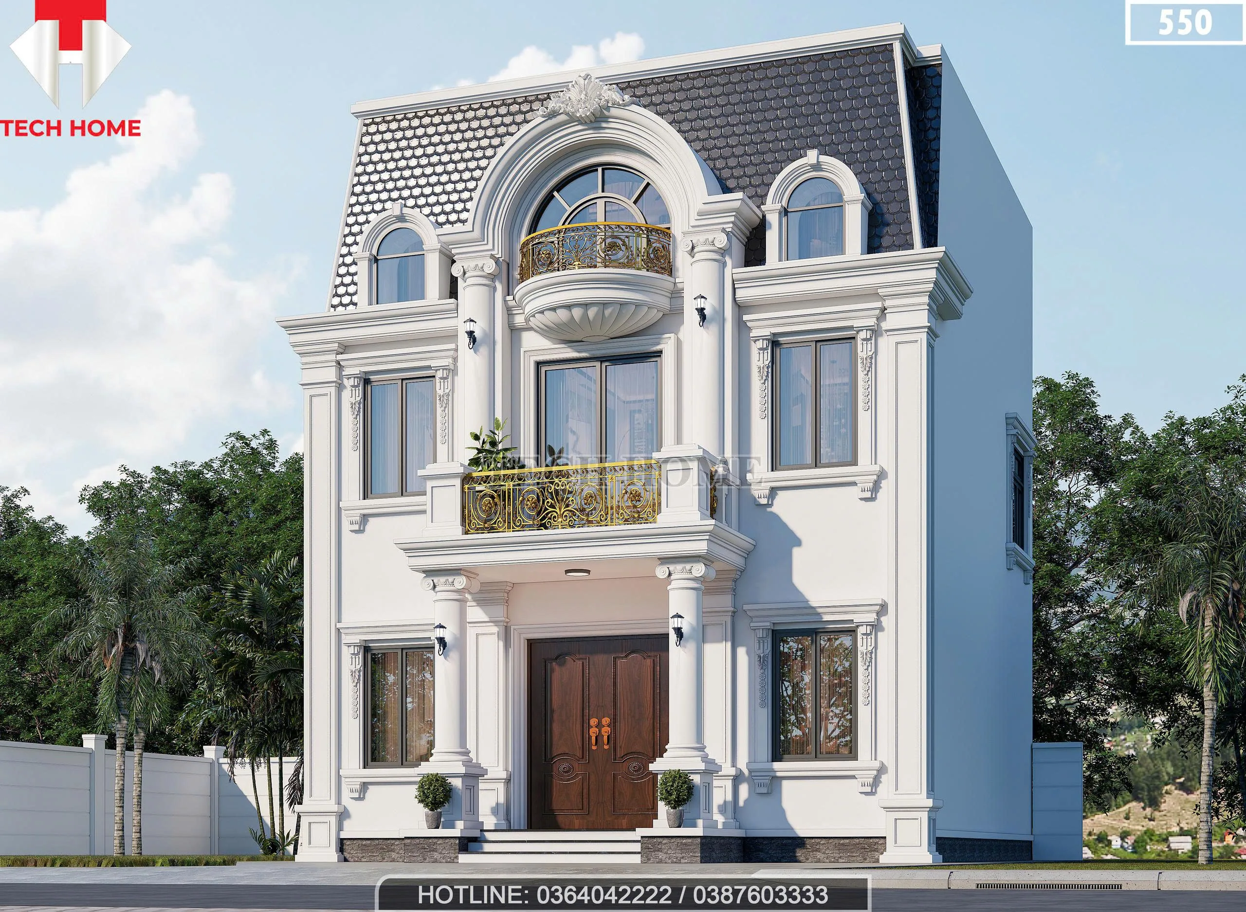 Góc nghiêng biệt thự Tân cổ điển mái Mansard với lan can ban công bằng nhôm đúc nghệ thuật mạ vàng